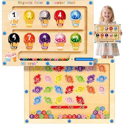 2 in 1 Double Side Magnetic Color and Number Maze, Montessori Magnetic Alphabet Maze Board Toys 3-5 Years Old, Wood Magnet Puzzle Learning Counting Matching Toys for 3 4 5 Todders Kids Girls Boys