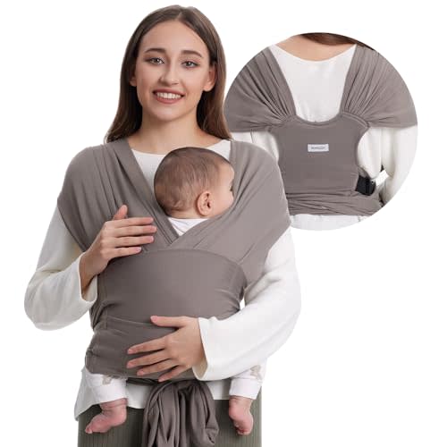 Momcozy Baby Wrap Carrier Skin-Friendly Fabric, Easy to Wear Baby Carrier Sling T-Shirt Design, Hands Free Baby Carriers Newborn to Toddler 8-35lbs, Adjustable Buckle Suit for Waist 27-47inch, Brown
