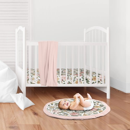 Vintage Floral Girl Baby Tummy Time Playmat - Blush Pink Yellow Green Boho Shabby Chic Rose Flower Farmhouse