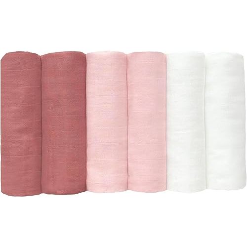 Muslin Swaddle Blankets 6 Pack, Newborn Baby Receiving Blankets, Soft Breathable Cotton Blend Blanket for Boys and Girls, Absorbent Infant Swaddle, 27.5 x 27.5 Inches (Pink)
