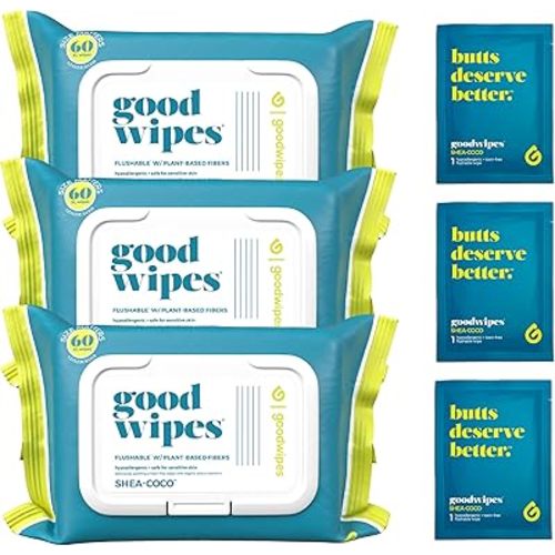 Goodwipes Flushable Wipes - Vitamin E & Aloe - Soft & Gentle Wet Wipe Dispenser, Septic & Sewer Safe - Largest Adult Toilet Towelettes - Shea-Coco, 180 Count (3 Packs) + 3 Individually Wrapped