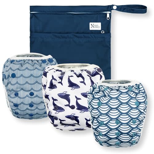 Reusable Swim Diapers and Wet Bag - One Size Fully Adjustable - Big Splash Unisex 3 Pack with Wet Bag by Nora's Nursery