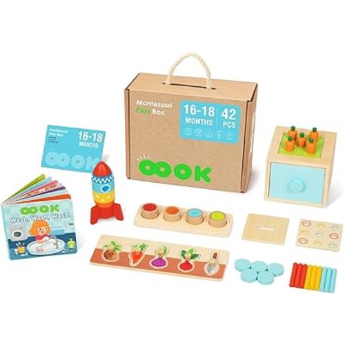 Montessori Educational Toys for 18 + Months, 6 in 1 Learning Toys Set for Toddlers Wooden Toy Present (Pattern Pegs, Pound Bench, Lacing Beads, Magnetic Animal Puzzle, Picture Book)