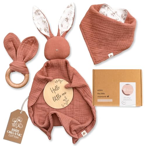 Mikito Organic Cotton Newborn Gifts Box, Unisex Loveys & Accessories incl. Muslin Baby Comforter + Baby Bandana Bib + Wooden Teether + Birth Announcement Sign