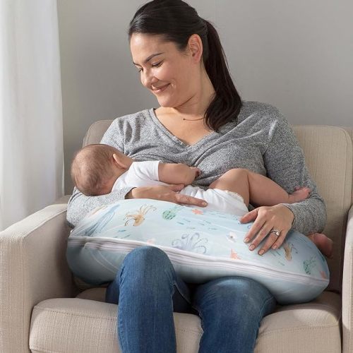 Boppy Nursing Pillow Original Support, Blue Ocean, Ergonomic Nursing Essentials for Bottle and Breastfeeding, Firm Fiber Fill, with Removable Nursing Pillow Cover, Machine Washable