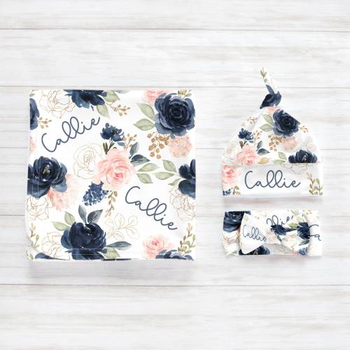 Navy Pink Floral Boho Swaddle Blanket Headband Hat Set / Personalized Baby Shower Gift / Hospital Newborn Photos Prop