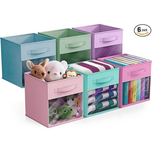 Sorbus 11 Inch Storage Bins with Clear Window - 6 Foldable Baskets for Organizing Clothes, Toys, Books - Sturdy Collapsible Fabric Storage Cubes with Handle - Storage Baskets for Shelves, Closets