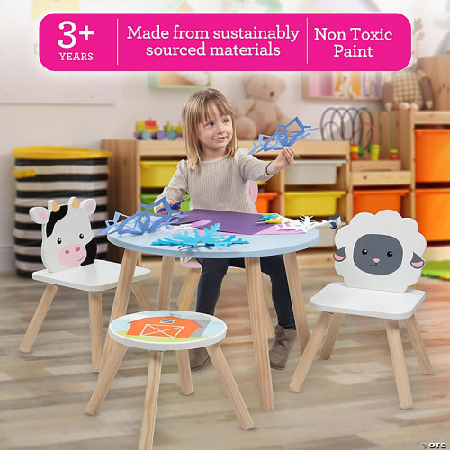 Kids Wooden Animal Table & Chair Set w 3 Seats (Cow Pig Sheep) & Adult Stool for Arts Crafts, Dining, Pretend Play