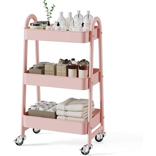 3 Tier Rolling Cart - Metal Utility Carts on Lockable Caster Wheels, Mobile Storage Shelves Organizer for Livingroom, Bathroom, Kitchen, Bedroom & Narrow Places, Pink