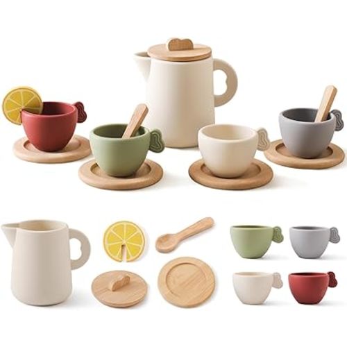 Tea Party Set for Kids, Wooden Tea Set for Little Girls and Boys, Kids Play Kitchen Accessories Toy Dishwasher Safe Tea Set for Toddler, Pretend Play Toddler Tea Set 3-5 Ideal Christmas Birthday Gift