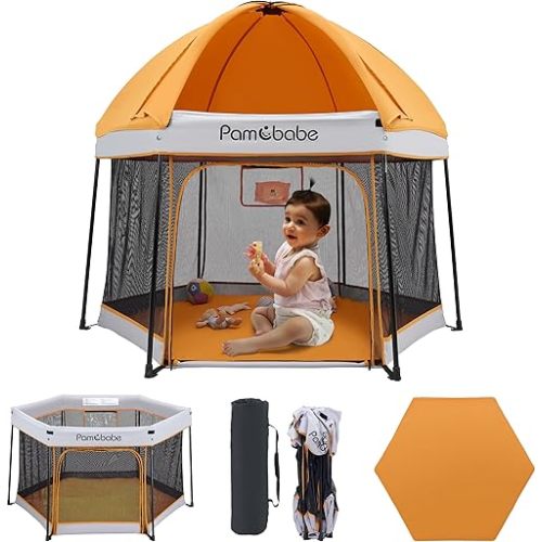 Pamo Babe Portable Playpen with Canopy and Mattress Outdoor and Indoor 54" Baby Playard for Babies and Toddlers Foldable Play Yard with Zipper Gate
