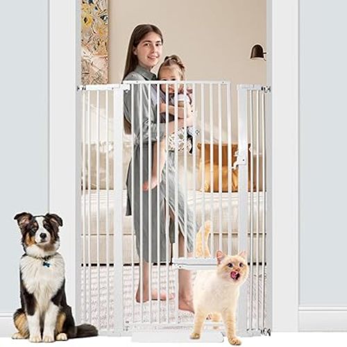 55 Inch Extra Tall Pet Gate with Small Cat Door, Adjustable 29.55" - 40.55", Dog Gate with Easy Walk Thru Pet Door for Stairs, Doorway, House