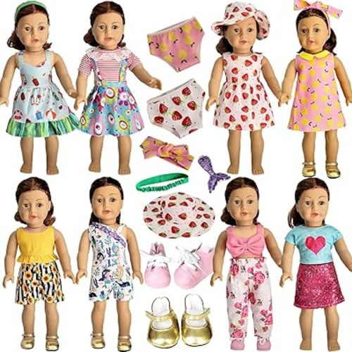 American Doll Clothes and Accessories for 18 Inch Doll, 18" Doll Clothes Dress, Total 19 Pcs Including 8 Sets of Clothing Outfits with Shoes, Underwear, Headband, and Cap (Not Include The Doll)
