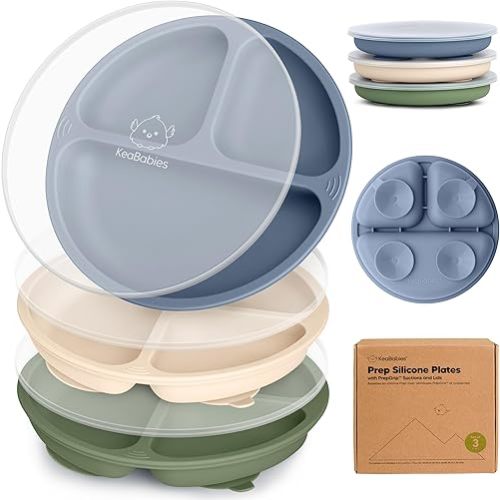 KeaBabies Suction Plates with Lids for Baby - 3-Pack 100% Silicone Toddler Plates with Suction, Divided, BPA-Free Baby Led Weaning Essentials for Kids, Dishwasher, Microwave Safe, Durable (Slate)