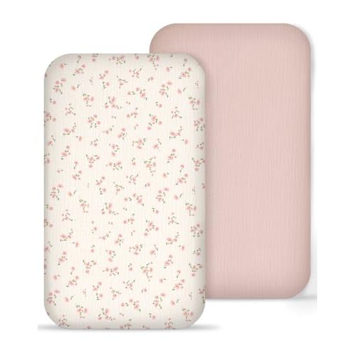 Muslin Bedside Bassinet Sheets 2 Pack, 33x20 Fitted Ultra Soft & Breathable Bedside Sleeper Sheets, Ideal for Baby Girl and Boy, Perfect for Newborns (Rosy)
