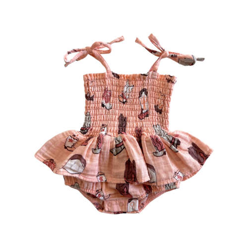 Muslin Smocked Bubble w/ Skirt, Cowboy Boots