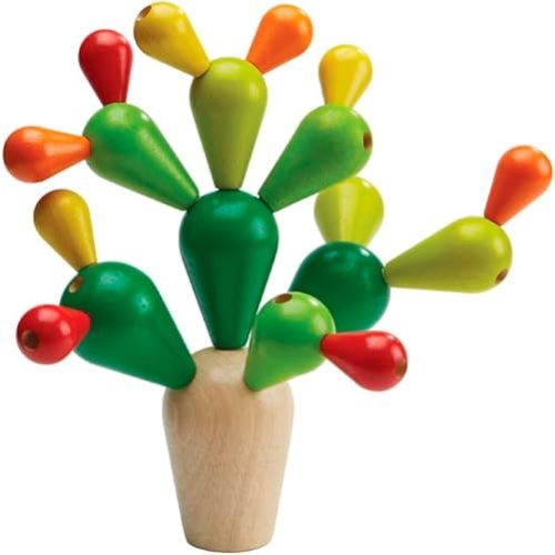 PlanToys Balancing Cactus Toy - Colorful Sustainably-Made Wood Balance Game for 1-4 Players with Base and 18 Cactus Branches to Build Without Toppling