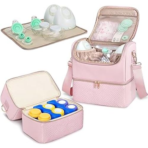 Fasrom Breast Pump Bag with Cooler Compartment Compatible with Elvie and Medela Pump, Wearable Pumping Tote with Crossbody Strap and Waterproof Mat for Work Moms, Pink(Empty Bag Only)