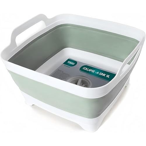 FOSJGO Collapsible Dish Basin with Drain Plug and Carry Handles - 9L Capacity, Portable Sink Tub for Camping and RV