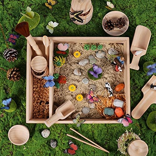 Sensory Bin Tools , Set of Wooden Sensory Bin Tools, One Sensory Bin and 11 Sensory Toys, Montessori Toys for Toddlers, 14.2x12.2x2.7 inches