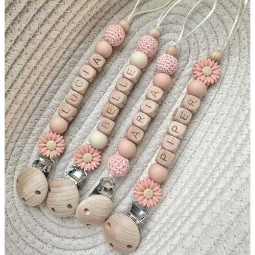 Personalised Dummy Clip Flower Daisy - Wooden Letter - Peach - Silicone Crochet Beaded - Dummy Holder - Customised - Pacifier clip -