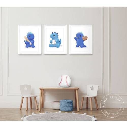 Baseball Dinosaurs Kid's Art - Printable Blue Nursery Art - Baseball Bedroom Decor - Kid's Sports Bedroom - Boy's Room Decor - Cute Dinos