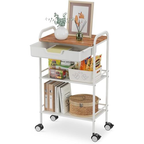 3 Tier Rolling Cart with Drawer, Metal Rolling Storage Cart with Table Top, Modern Utility Cart on Wheels Kitchen Cart Storage Organizer for Bathroom Office Living Room, White