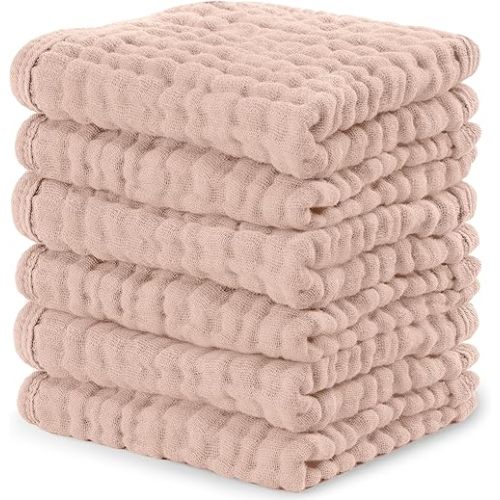 Comfy Cubs Muslin Baby Washcloths 6 Pack - Soft 6-Layer Cotton Wash Cloths for Sensitive Skin - 10"x10" Large, Gentle, Absorbent Infant Essentials for Newborn and Toddlers - Blush