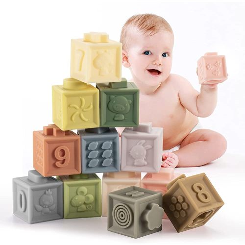 Ganowo 12PCS Mini Soft Stacking Blocks Toys, Educational Squeeze Teeth Baby Toys with Numbers Animals Shapes Textures for 6 Months Up Baby Stacking Building Blocks