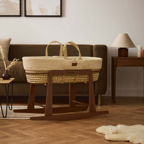 Organic Wheat Knitted Moses Basket, Mattress & Walnut Rocking Stand Li ‐ The Little Green Sheep