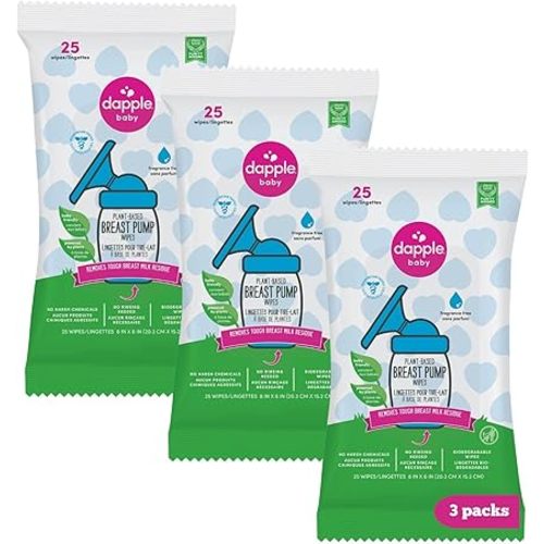 Dapple Baby Breast Pump Wipes, 25 Count (Pack of 3), Fragrance Free, Plant-Based & Hypoallergenic – Removes Milk Residue, Leaves No Taste