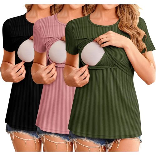 Ekouaer Womens Nursing Tops 3 Pack Short Sleeve Ribbed Breastfeeding Shirts Double Layer Maternity Shirt Pregnancy Clothes