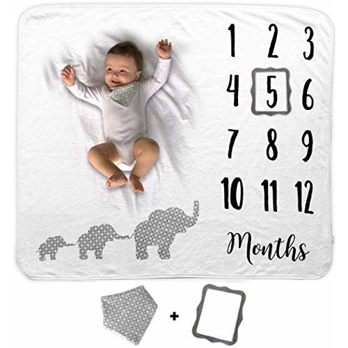 Baby Monthly Milestone Blanket | Includes Bib and Picture Frame | 1 to 12 Months | Premium Extra Soft Fleece | Best Photography Backdrop Prop for Newborn Boy & Girl (Elephant Blanket)