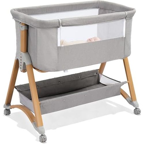 Ktaxon 5 in 1 Baby Bassinet Bedside Sleeper, Rocking Bedside Bassinet with Wheel, Removable Mattress, 6 Adjustable Heights, Large Storage Basket, Airflow Mesh, Fast Folding for Newborn (Light Grey)