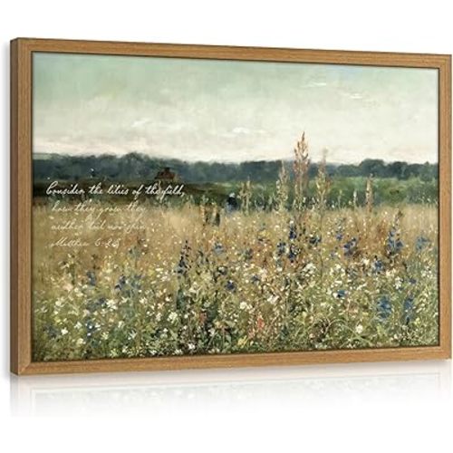 HLXRAE Christian Scripture Canvas Wall Art, “Consider the Lilies” Bible Verse Wall Decor, Rustic Wildflower Poster Print, Vintage Religious Artwork for Church Prayer Bedroom Wood Framed 16x24 Inch