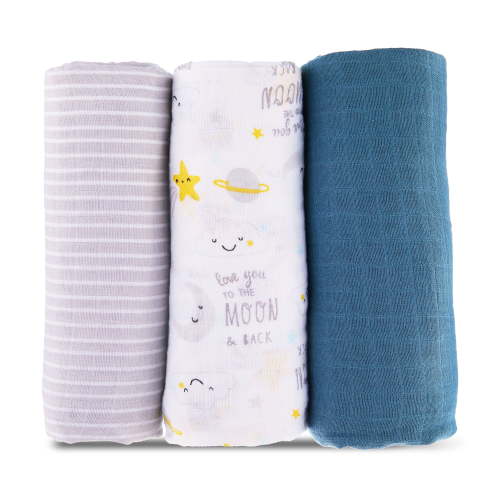 Parent's Choice Muslin Extra Large Swaddle 3-Pack, Celestial, Gray, White, & Blue, Unisex Infant