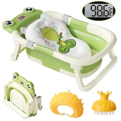 TOPCHANCES Collapsible Baby Bathtub with Thermometer, Newborn Baby Shower Tub + Baby Tub Cushion + Bath Cap + Shampoo Brush, Portable Baby Folding Bathtub for 0-36 Month Newborn (Green)