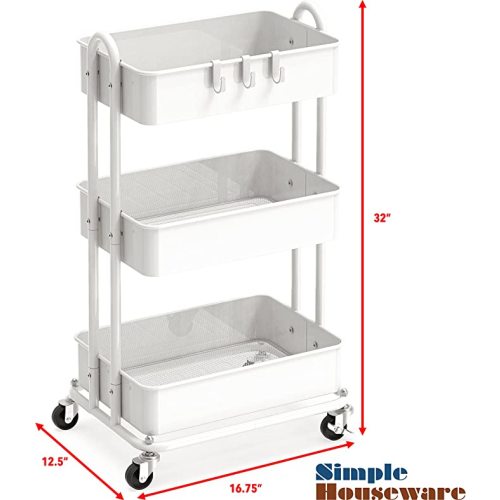 SimpleHouseware Heavy Duty 3-Tier Metal Utility Rolling Cart, White