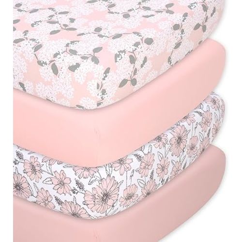 The Peanutshell 4-Pack Fitted Organic Crib Sheet Set - Soft & Breathable Baby Girl or Boy Crib Sheets, 100% Jersey Cotton Nursery Decor, Fit for Standard Mattress Cover- Cottage Floral