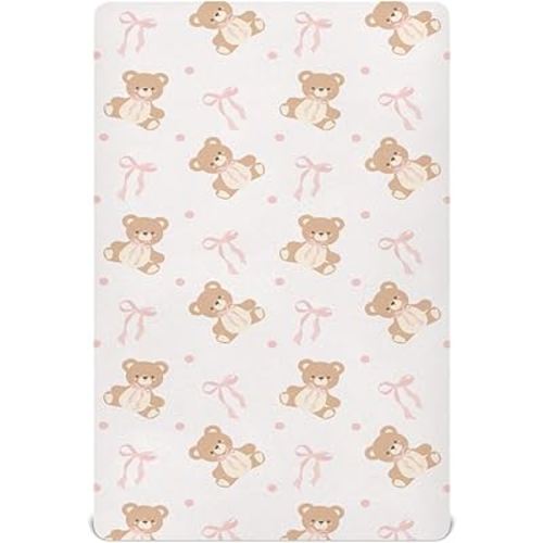 Animal Bear Pink Ribbon Bow Fitted Crib Sheets Stretchy Portable Playard Sheets for Baby Toddler, Breathable Soft Mini Crib Mattress 52 x 28 in for Boys and Girls