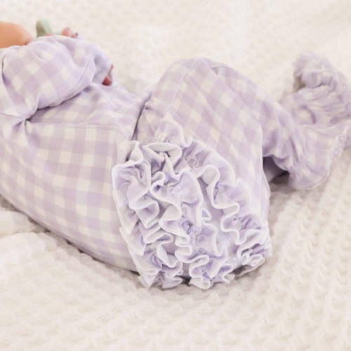 Peter Pan Collar Ruffle Zipper Footie | Lilac Gingham