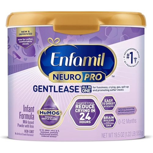 Enfamil NeuroPro Gentlease Baby Formula, Brain Building DHA, HuMO6 Immune Blend, Designed to Reduce Fussiness, Crying, Gas & Spit-up in 24 Hrs, has Prebiotics to Promote Softer Stools, Reusable Tub, 19.5 Oz