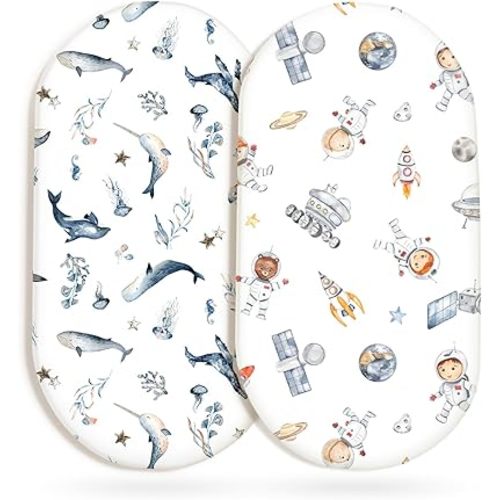 GRSSDER Stretchy Ultra Soft Fitted Bassinet Sheet Set 2 Pack, Universal Fit for Bassinets Baby Cradle Moses Basket Oval Rectangle Mattress Safe and Snug, Sea Fish & Space Stylish Print