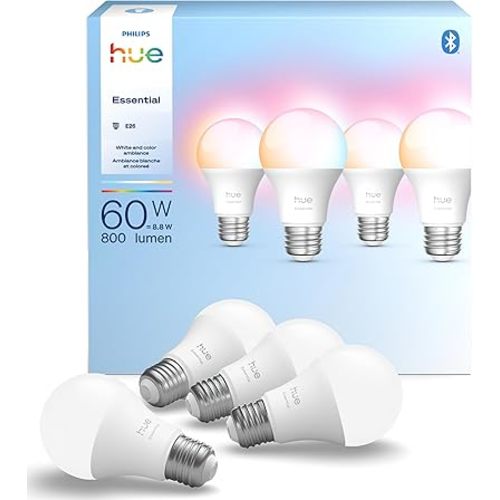 Philips Hue Essential Smart LED A19 Bulb, White and Color Ambiance, E26 Base, 8.8W, 2200K-6500K, 800 Lumens, Dimmable, Works with Alexa, Google, and Apple Home, 4-Pack
