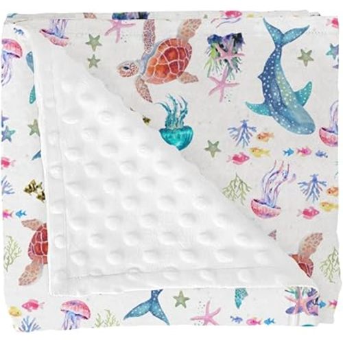 Fantasy Sea Animals Baby Blanket for Girl Boy Turtle Whale Jellyfish Corals Soft Mink Dotted Backing Double Layer Receiving Blanket Nautical Marine Life Bed Throws for Newborn Toddler Nursery 30x40