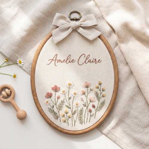 Personalized Floral Baby Name Sign, Embroidered Nursery Wall Art, Custom Oval Name Hoop, Baby Shower Gift for Girl, Newborn Hospital Sign