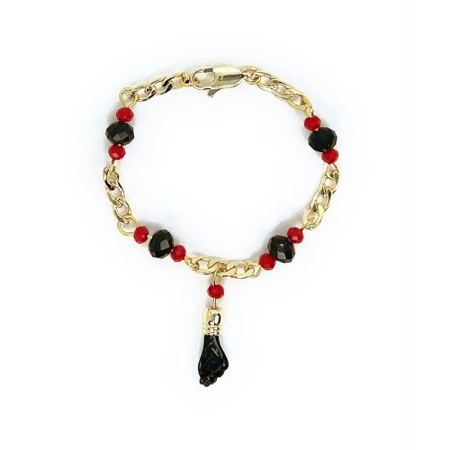 RC & J GENERAL 14KT GP BLACK HAND LUCKY CHARM EVIL EYE BRACELETE 5" - AZABACHE MAL DE OJOS BRAZALETE DE 5"