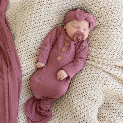 Boysenberry Waffle Bamboo Newborn Baby Knot Gown & Hat Set