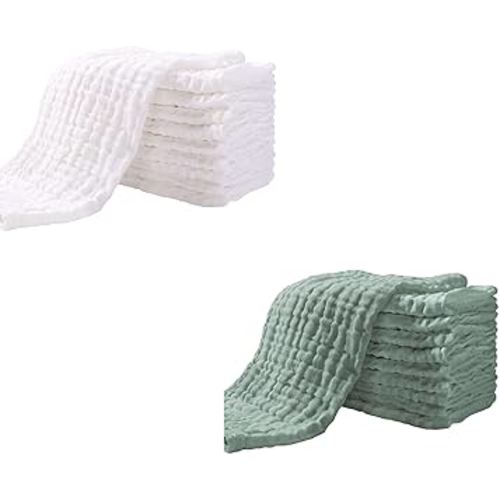 Yoofoss Muslin Burp Cloths for Baby 10 Pack 100% Cotton Baby Washcloths for Boys Girls Large 20''X10'' Super Soft and Absorbent White & Dark Green