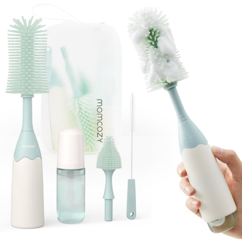 Momcozy Bottle Brush Kit, Innovative Push-Press Design for Better Cleaning - Baby Bottle Cleaner Brush for Baby Bottle, Breast Pumps, Nipples, and More - Can Generate Foam for Better Cleaning, Green